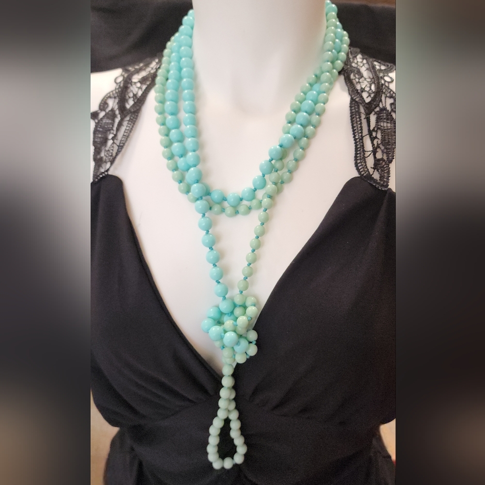 Vintage 60s Style Turquoise Colored Hand Knotted Long Beaded Necklace